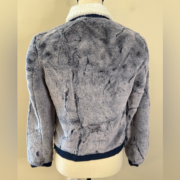 Mebon faux fur denim style coat plush blue outerwear white collar denim trim SM - Picture 2 of 11